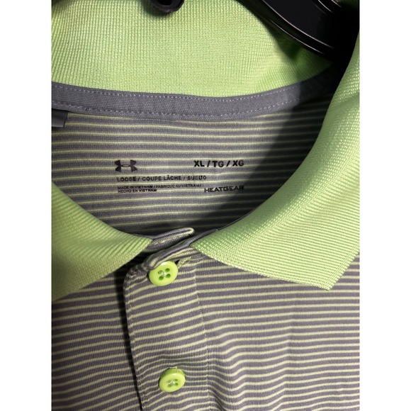 Under Armour Men's Golf Polo Shirt XL Green Striped Heatgear Loose Fit - Picture 3 of 4